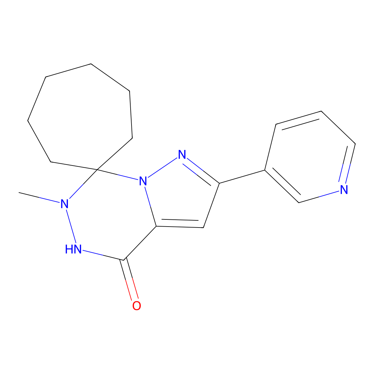 6'-Methyl-2'-(pyridin-3-yl)-5',6'-dihydro-4'H-spiro[cycloheptane-1,7'-pyrazolo[1,5-d][1,2,4]triazine]-4'-one molecular structure, CAS 1253527-73-9