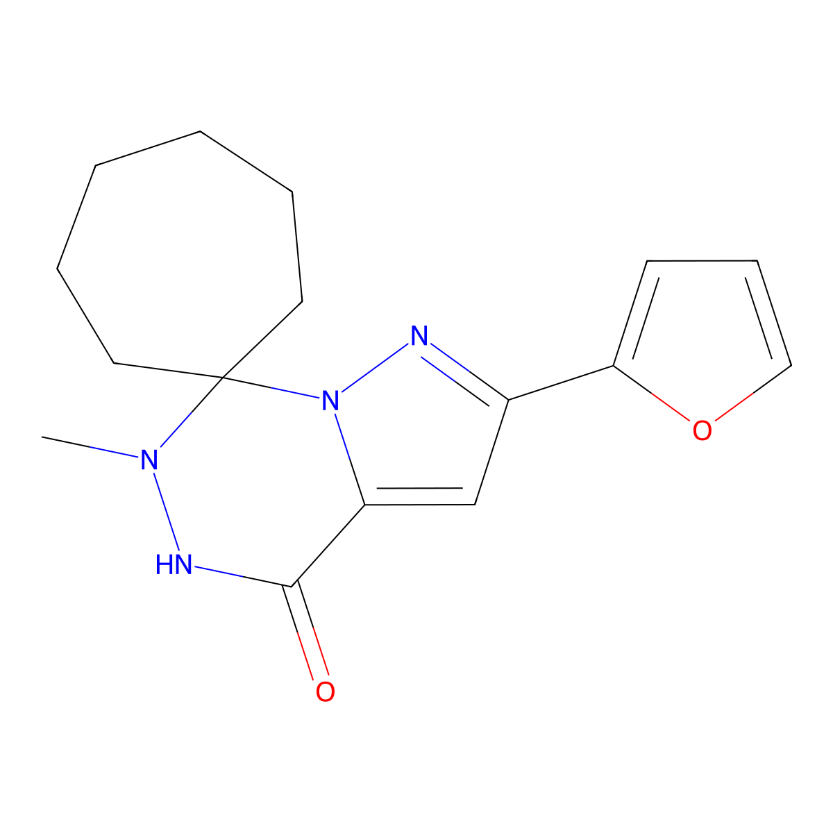 2'-(Furan-2-yl)-6'-methyl-5',6'-dihydro-4'H-spiro[cycloheptane-1,7'-pyrazolo[1,5-d][1,2,4]triazine]-4'-one molecular structure, CAS 1253527-92-2