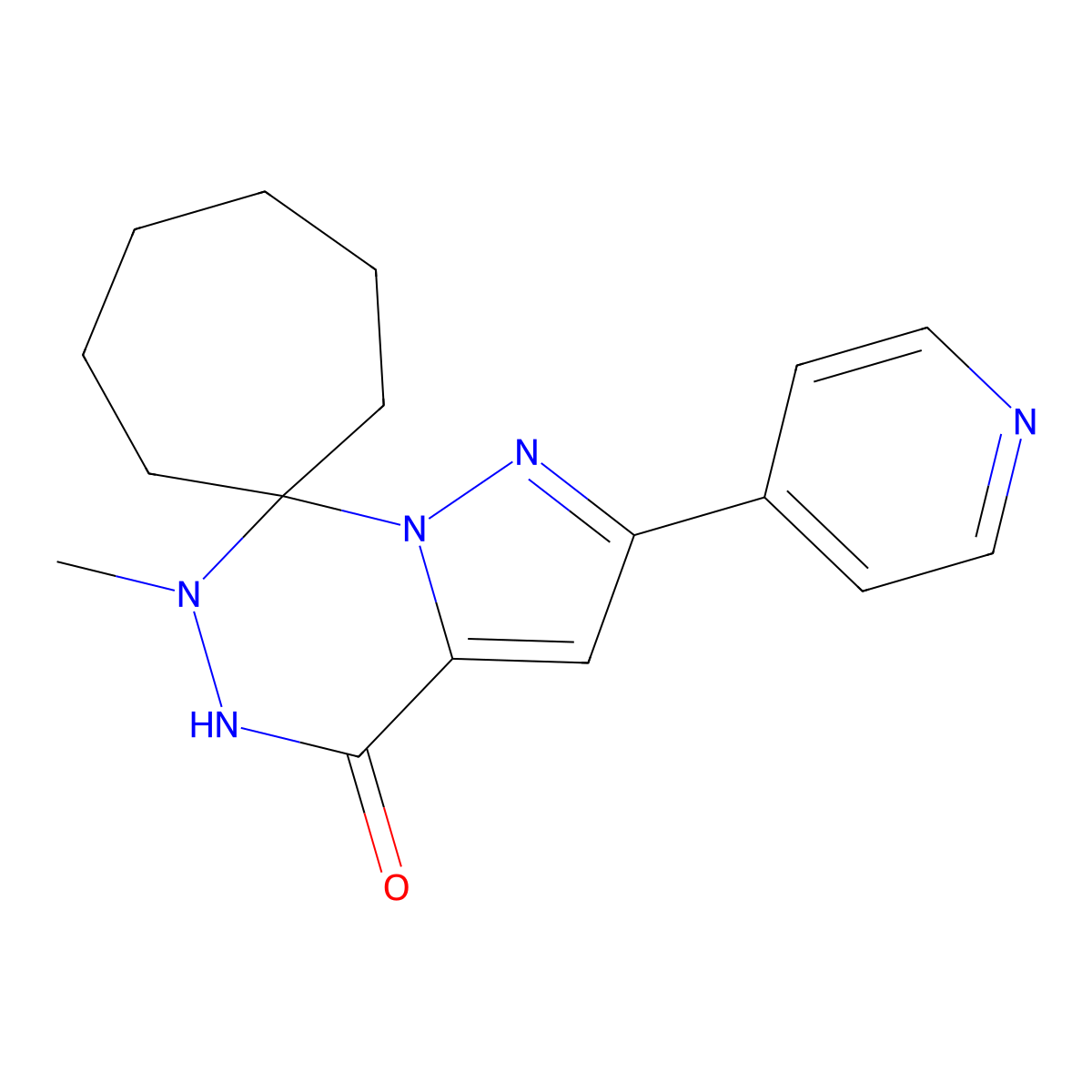 6'-Methyl-2'-(pyridin-4-yl)-5',6'-dihydro-4'H-spiro[cycloheptane-1,7'-pyrazolo[1,5-d][1,2,4]triazine]-4'-one molecular structure, CAS 1253528-01-6