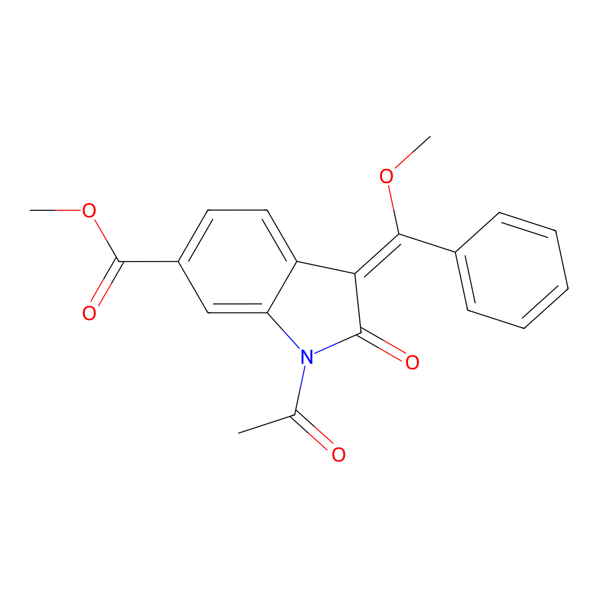 1-Acetyl-3-(1-methoxy-1-phenyl-methylene)-6-methoxycarbonyl-2-indolinone molecular structure, CAS 1253769-13-9