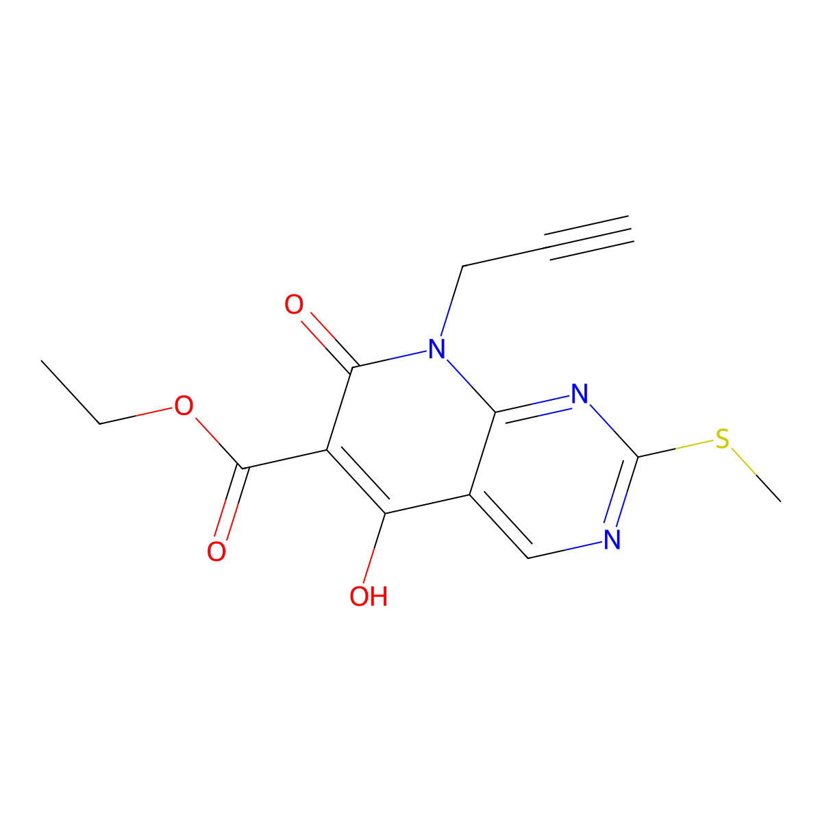 Ethyl 5-hydroxy-2-(methylthio)-7-oxo-8-(prop-2-ynyl)-7,8-dihydropyrido[2,3-D]pyrimidine-6-carboxylate molecular structure, CAS 1253791-05-7