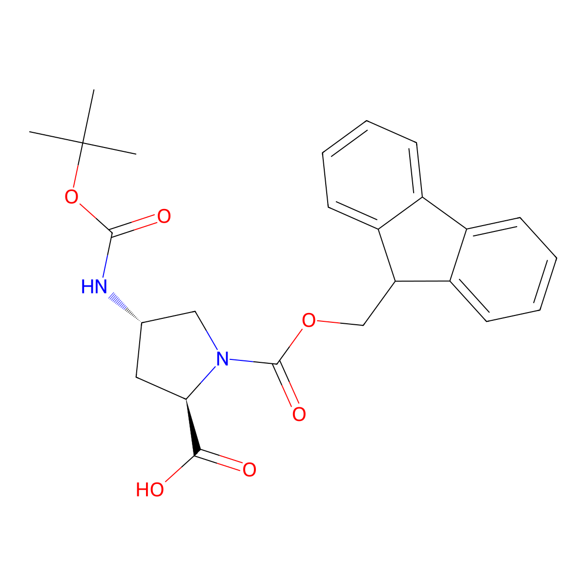 (2R,4S)-4-(((tert-butoxy)carbonyl)amino)-1-(((9H-fluoren-9-yl)methoxy)carbonyl)pyrrolidine-2-carboxylic acid molecular structure, CAS 1253791-18-2