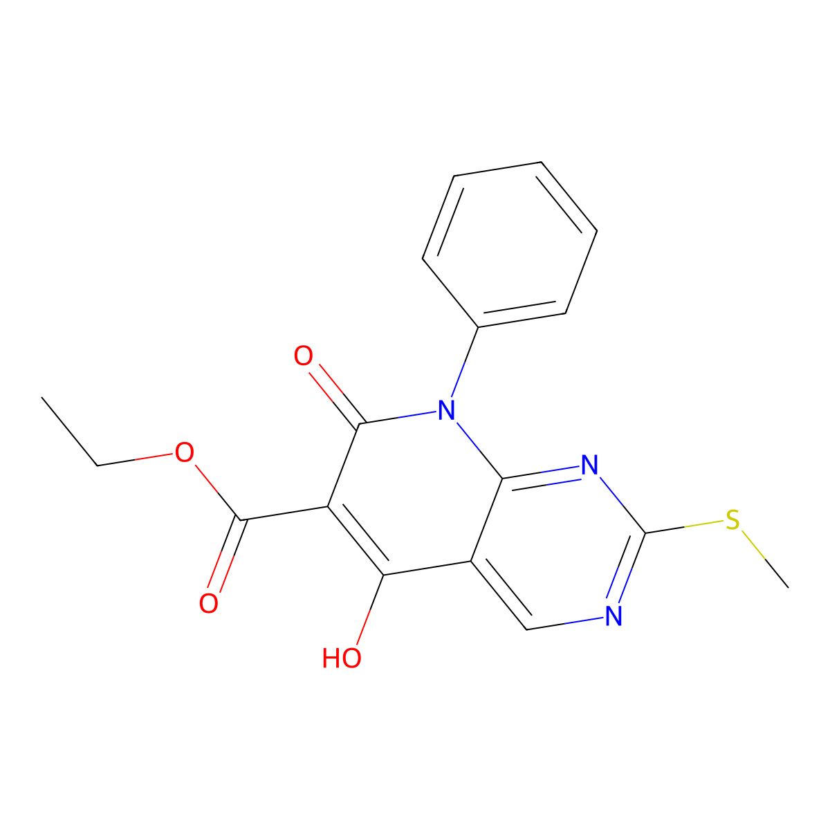 Ethyl 5-hydroxy-2-(methylthio)-7-oxo-8-phenyl-7,8-dihydropyrido[2,3-d]pyrimidine-6-carboxylate molecular structure, CAS 1253791-97-7