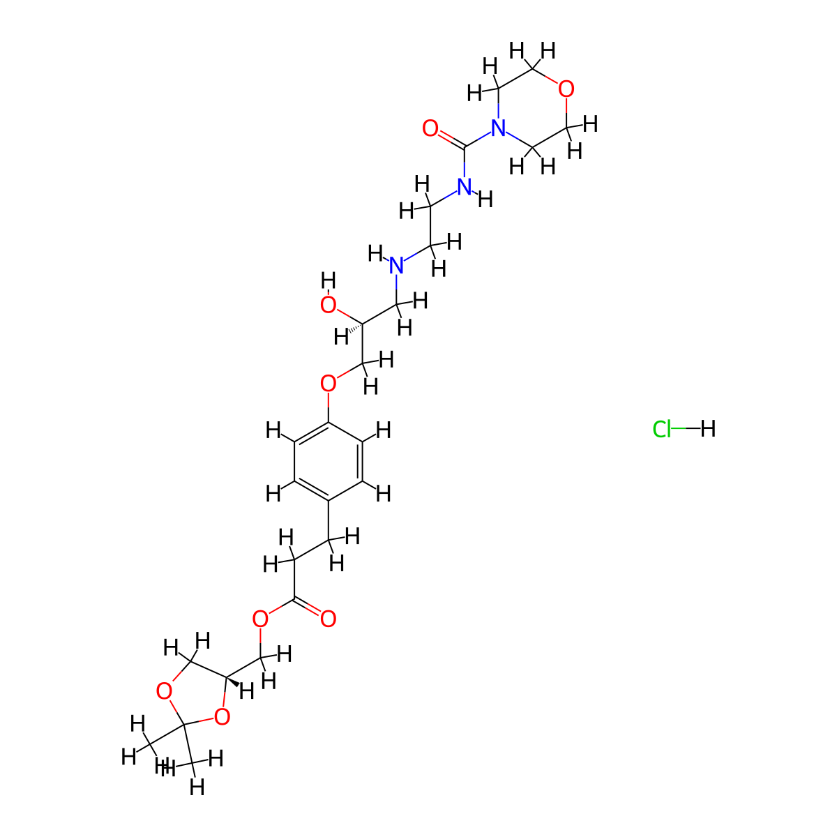 ((R)-2,2-Dimethyl-1,3-dioxolan-4-yl)methyl 3-(4-((S)-2-hydroxy-3-((2-(morpholine-4-carboxamido)ethyl)amino)propoxy)phenyl)propanoate hydrochloride molecular structure, CAS 1253907-81-1