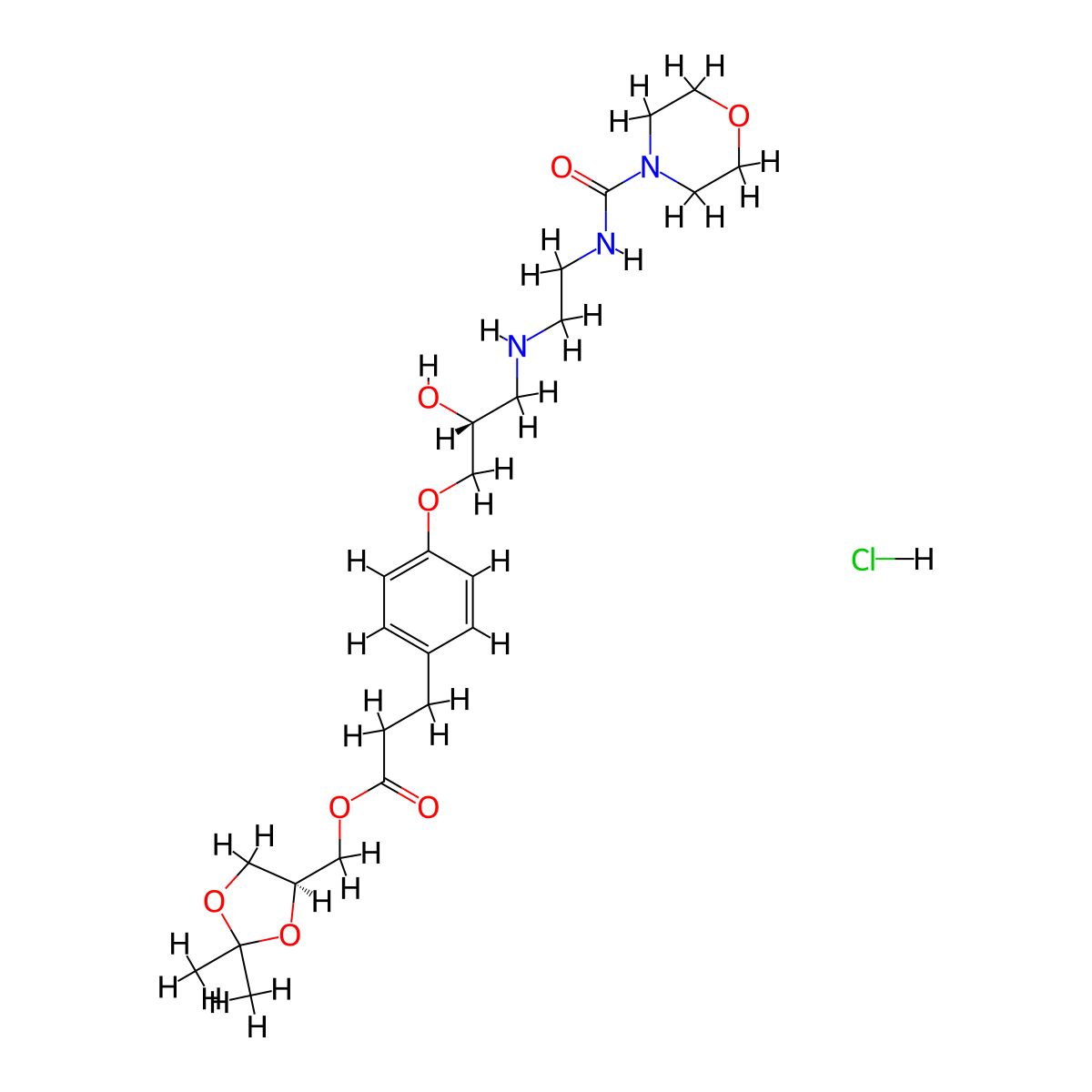 ((S)-2,2-Dimethyl-1,3-dioxolan-4-yl)methyl 3-(4-((R)-2-hydroxy-3-((2-(morpholine-4-carboxamido)ethyl)amino)propoxy)phenyl)propanoate hydrochloride molecular structure, CAS 1253907-85-5