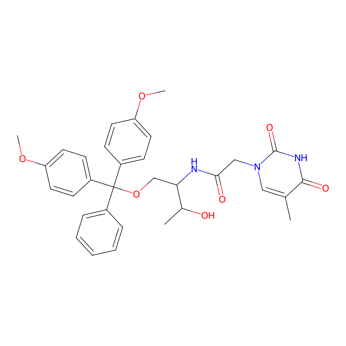 N-[(2S,3S)-1-(bis(4-methoxyphenyl)(phenyl)methoxy)-3-hydroxybutan-2-yl]-2-(5-methyl-2,4-dioxo-1,2,3,4-tetrahydropyrimidin-1-yl)acetamide molecular structure, CAS 1253933-46-8