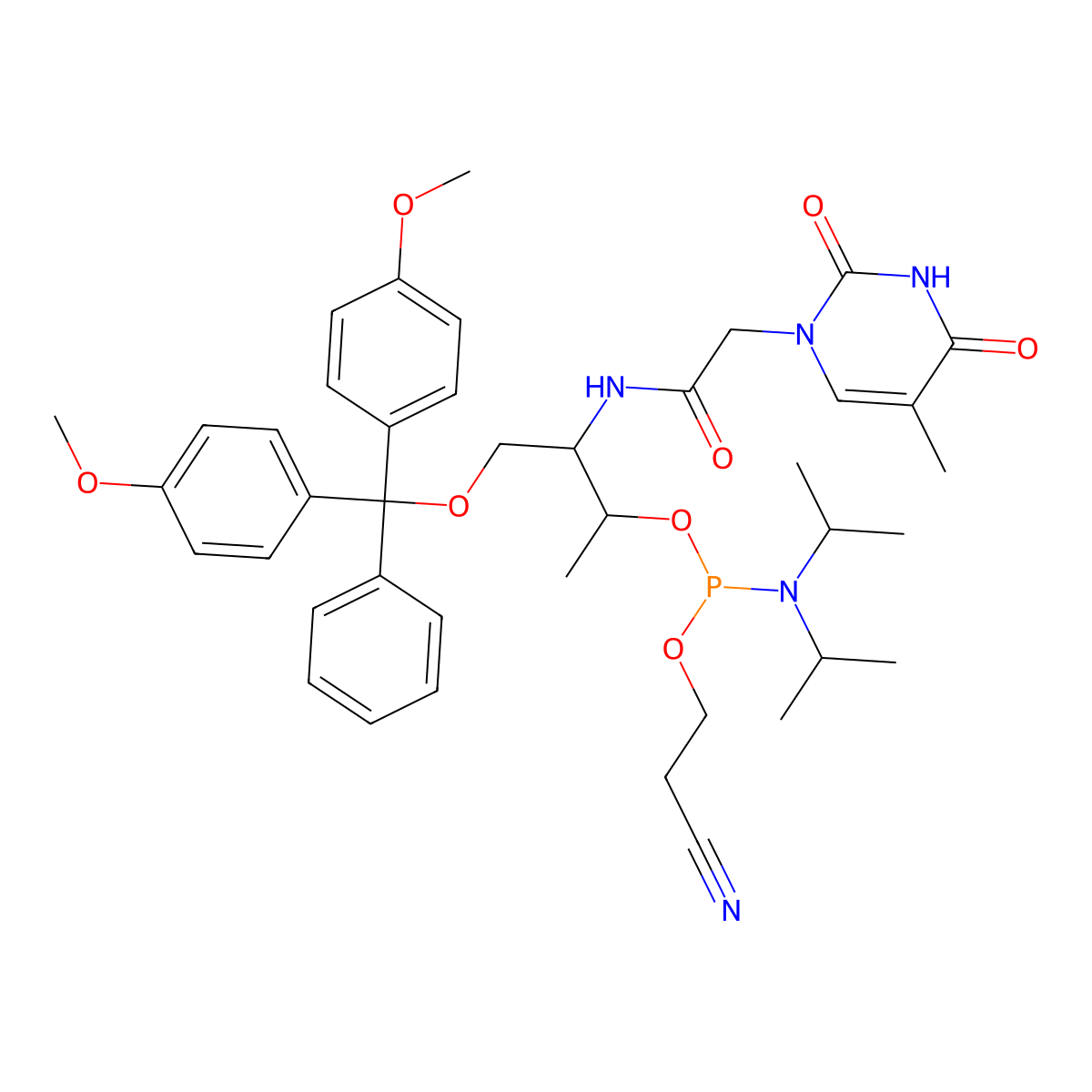 (2S,3S)-4-(Bis(4-methoxyphenyl)(phenyl)methoxy)-3-(2-(5-methyl-2,4-dioxo-3,4-dihydropyrimidin-1(2H)-yl)acetamido)butan-2-yl (2-cyanoethyl) diisopropylphosphoramidite molecular structure, CAS 1253933-50-4