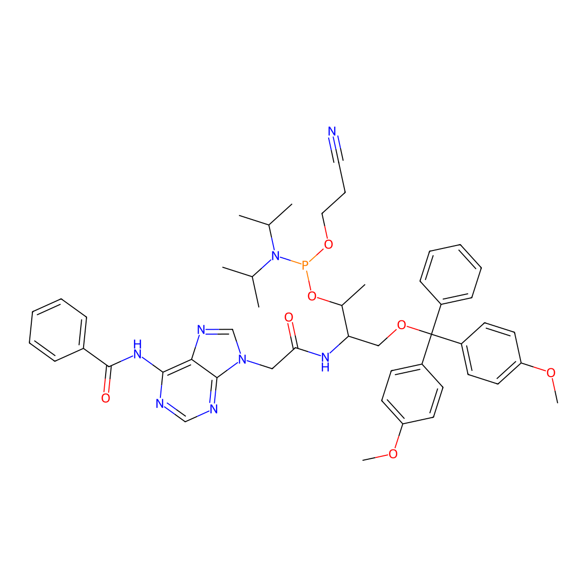 (2S,3S)-3-(2-(6-Benzamido-9H-purin-9-yl)acetamido)-4-(bis(4-methoxyphenyl)(phenyl)methoxy)butan-2-yl (2-cyanoethyl) diisopropylphosphoramidite molecular structure, CAS 1253933-51-5