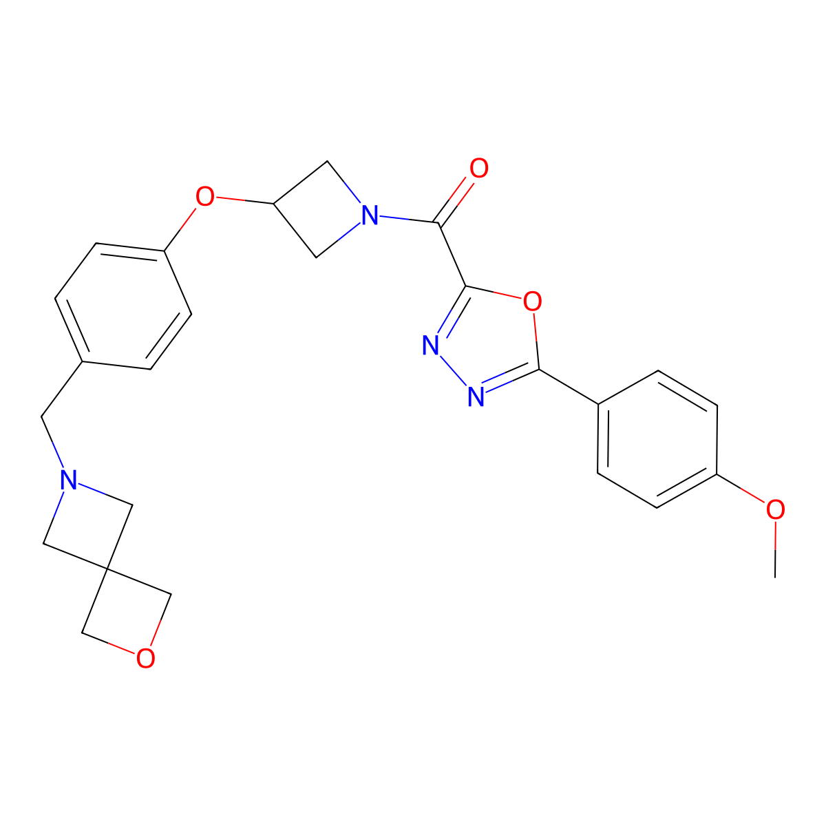 (5-(4-Methoxyphenyl)-1,3,4-oxadiazol-2-yl)(3-(4-(2-oxa-6-azaspiro(3.3)hept-6-ylmethyl)phenoxy)-1-azetidinyl)methanone molecular structure, CAS 1254035-84-1