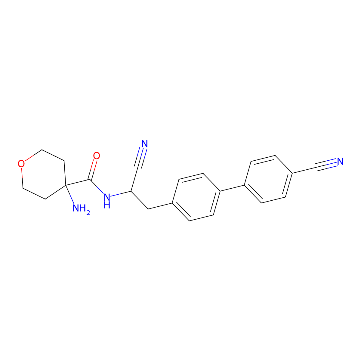4-Amino-N-[(1S)-1-cyano-2-(4'-cyano[1,1'-biphenyl]-4-yl)ethyl]tetrahydro-2H-pyran-4-carboxamide molecular structure, CAS 1254318-44-9
