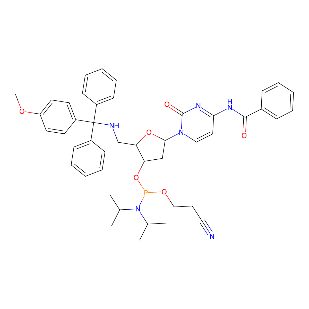 (2R,3S,5R)-5-(4-Benzamido-2-oxopyrimidin-1(2H)-yl)-2-((((4-methoxyphenyl)diphenylmethyl)amino)methyl)tetrahydrofuran-3-yl (2-cyanoethyl) diisopropylphosphoramidite molecular structure, CAS 125443-93-8