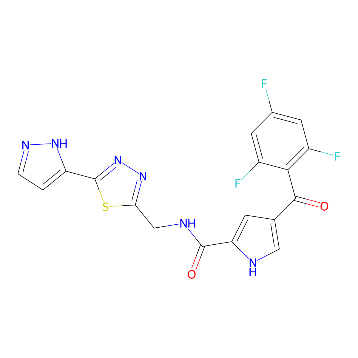 N-[[5-(1H-pyrazol-5-yl)-1,3,4-thiadiazol-2-yl]methyl]-4-(2,4,6-trifluorobenzoyl)-1H-pyrrole-2-carboxamide molecular structure, CAS 1254577-24-6