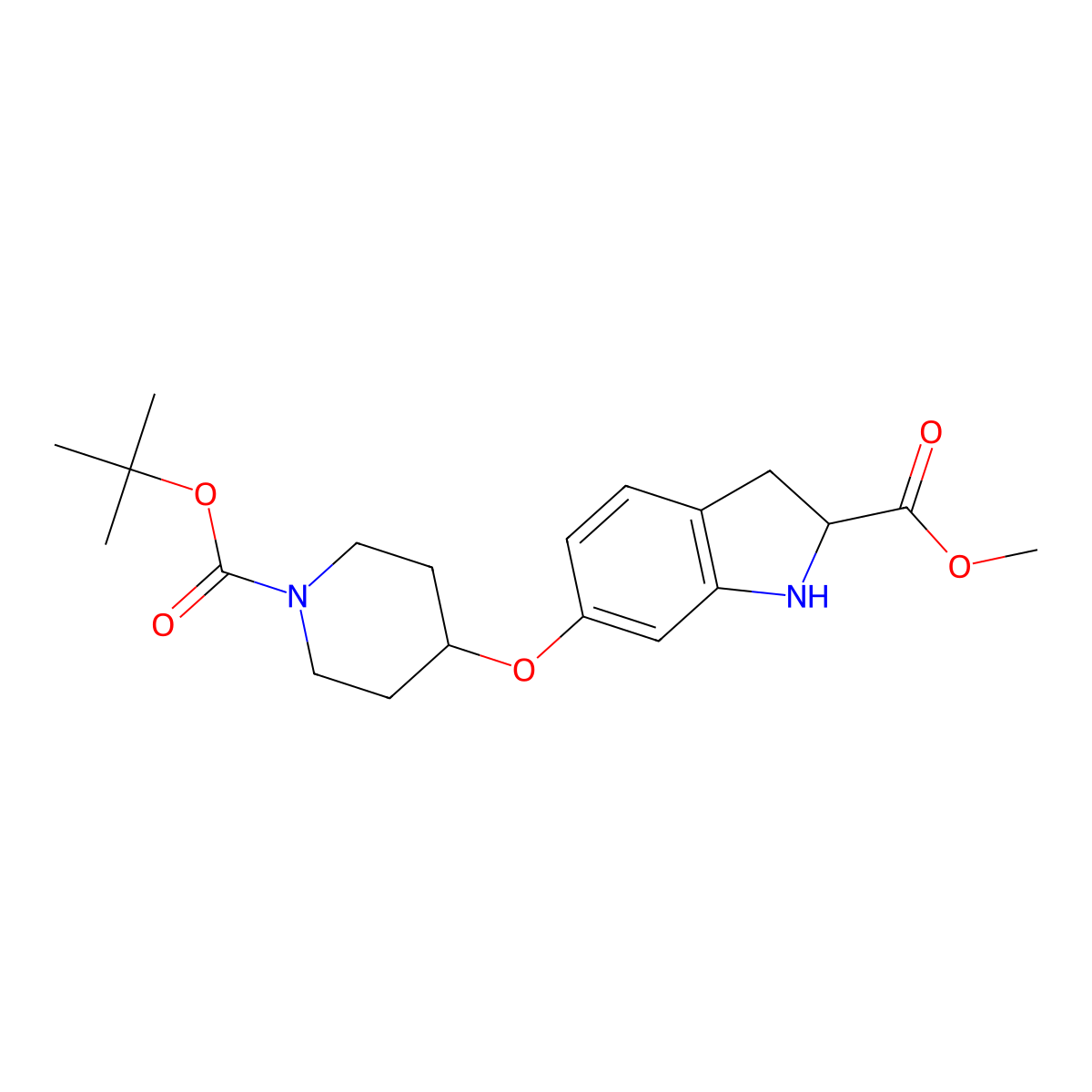 Methyl 6-((1-(tert-butoxycarbonyl)piperidin-4-yl)oxy)indoline-2-carboxylate molecular structure, CAS 1255098-48-6