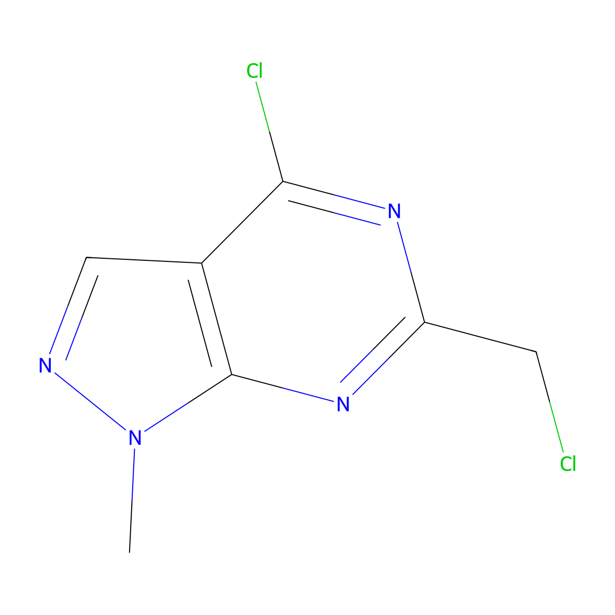 4-chloro-6-(chloromethyl)-1-methyl-1H-pyrazolo[3,4-d]pyrimidine molecular structure, CAS 1255147-37-5