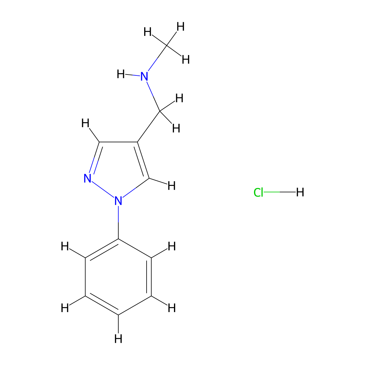 methyl[(1-phenyl-1H-pyrazol-4-yl)methyl]amine hydrochloride molecular structure, CAS 1255718-31-0