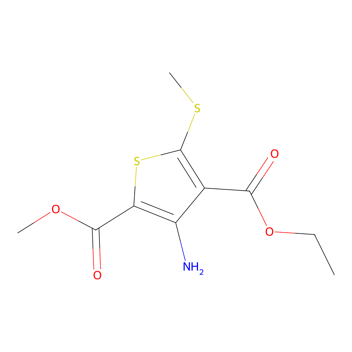 4-Ethyl 2-methyl 3-amino-5-(methylsulfanyl)thiophene-2,4-dicarboxylate molecular structure, CAS 1255777-76-4
