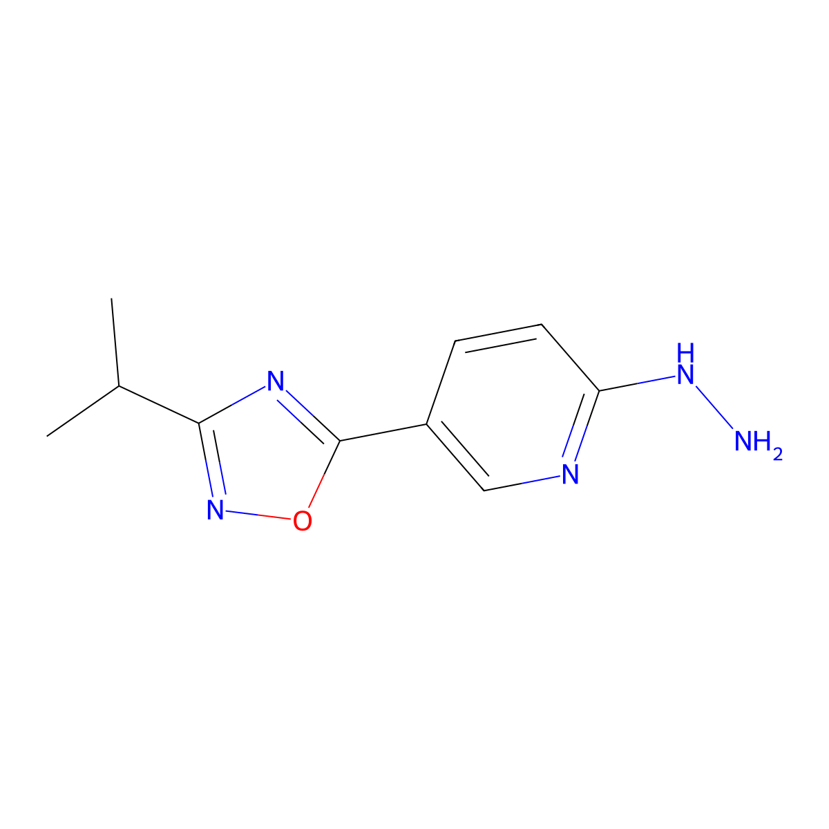 2-Hydrazinyl-5-[3-(propan-2-yl)-1,2,4-oxadiazol-5-yl]pyridine molecular structure, CAS 1255784-22-5