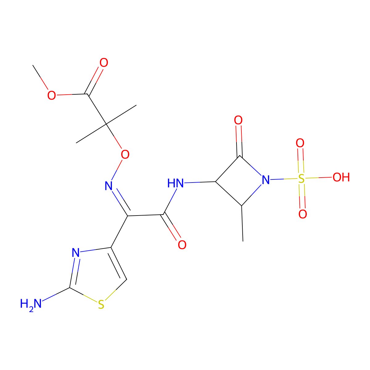 1-Methyl 2-[[(Z)-[1-(2-amino-4-thiazolyl)-2-[[(2S,3S)-2-methyl-4-oxo-1-sulfo-3-azetidinyl]amino]-2-oxoethylidene]amino]oxy]-2-methylpropanoate molecular structure, CAS 1255912-98-1