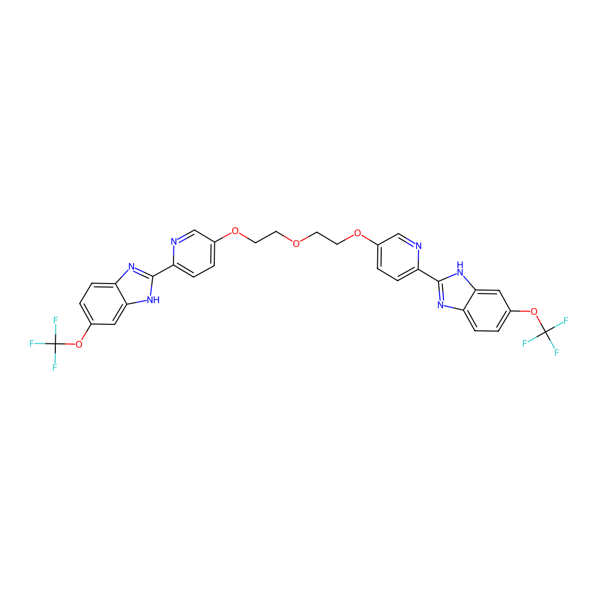 2,2'-(5,5'-((oxybis(ethane-2,1-diyl))bis(oxy))bis(pyridine-5,2-diyl))bis(6-(trifluoromethoxy)-1H-benzo[d]imidazole) molecular structure, CAS 1256094-72-0