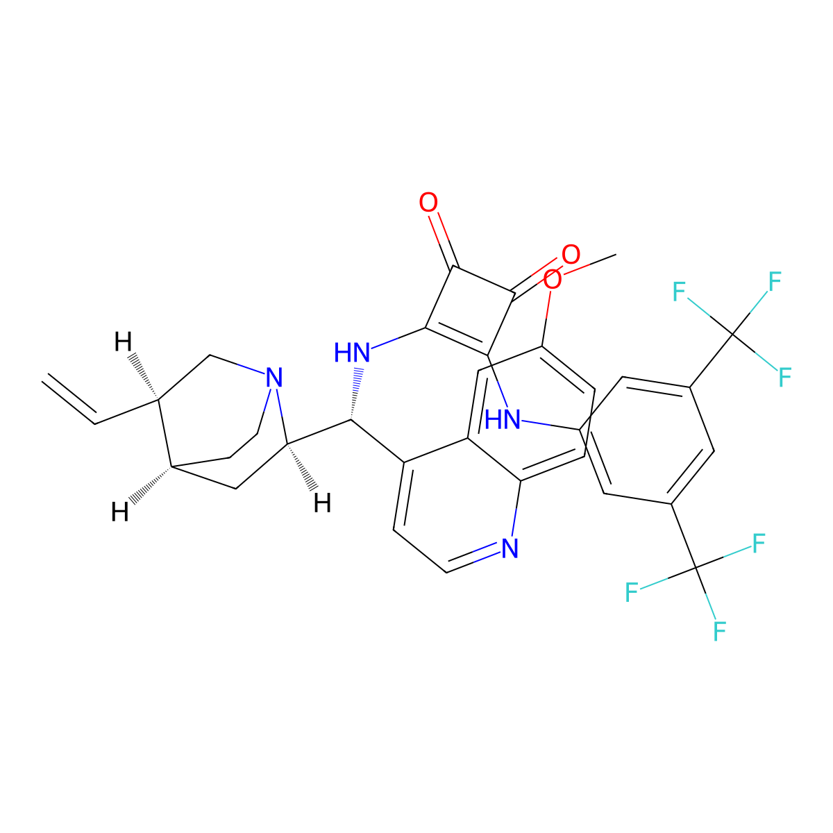 3-((3,5-Bis(trifluoromethyl)phenyl)amino)-4-(((R)-(6-methoxyquinolin-4-yl)((1S,2R,4S,5R)-5-vinylquinuclidin-2-yl)methyl)amino)cyclobut-3-ene-1,2-dione molecular structure, CAS 1256245-79-0