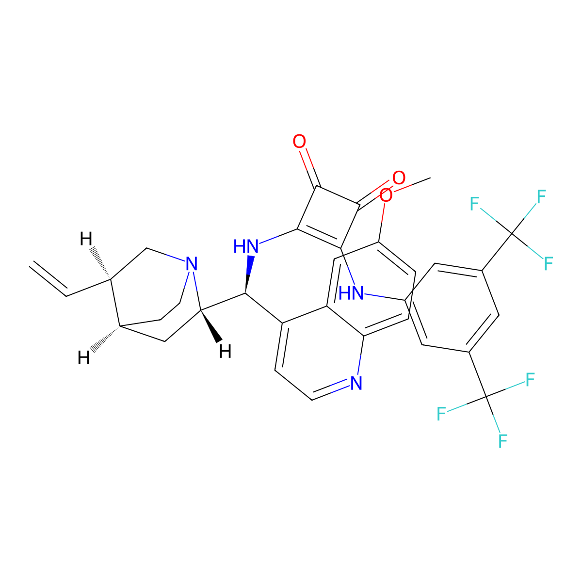 3-[[3,5-Bis(trifluoromethyl)phenyl]amino]-4-[[(8α,9S)-6'-methoxycinchonan-9-yl]amino]-3-cyclobutene-1,2-dione molecular structure, CAS 1256245-84-7