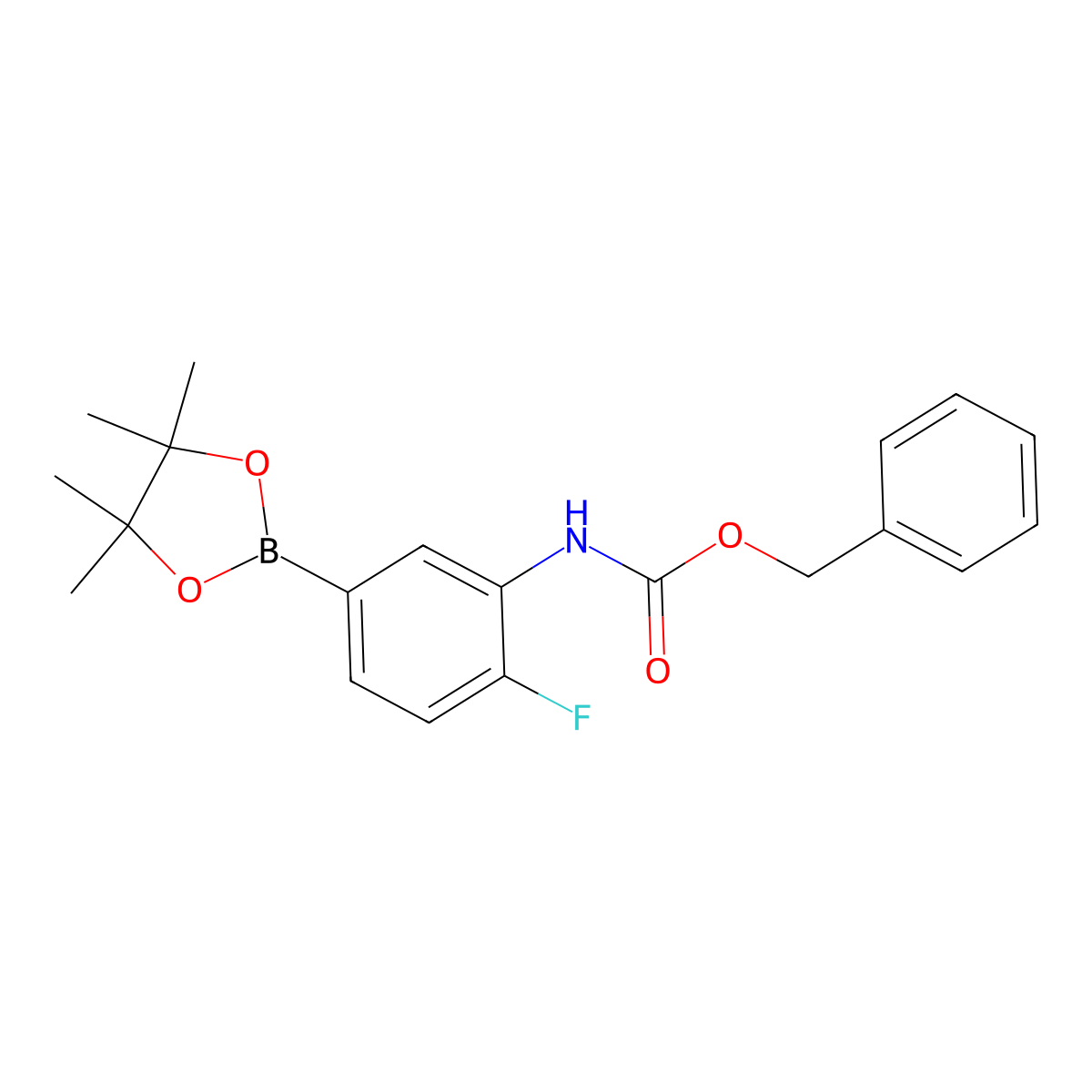 Benzyl (2-fluoro-5-(4,4,5,5-tetramethyl-1,3,2-dioxaborolan-2-yl)phenyl)carbamate molecular structure, CAS 1256359-14-4