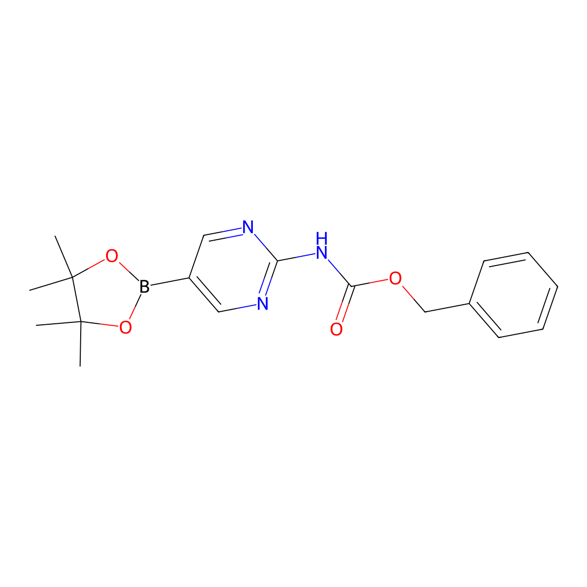 Benzyl (5-(4,4,5,5-tetramethyl-1,3,2-dioxaborolan-2-yl)pyrimidin-2-yl)carbamate molecular structure, CAS 1256359-98-4