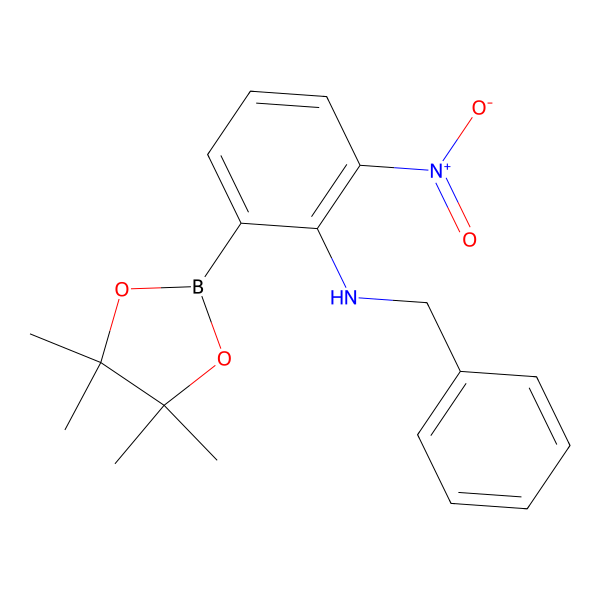 N-Benzyl-2-nitro-6-(4,4,5,5-tetramethyl-1,3,2-dioxaborolan-2-yl)aniline molecular structure, CAS 1256360-35-6