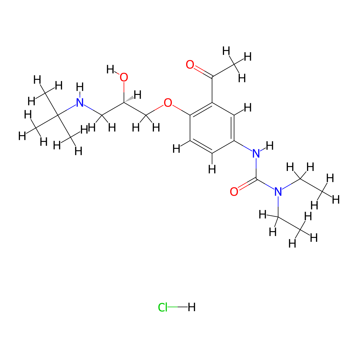 N'-(3-Acetyl-4-(3-(tert-butylamino)-2-hydroxypropoxy)phenyl)-N,N-diethylcarbamimidic acid--hydrogen chloride (1/1) molecular structure, CAS 125638-91-7