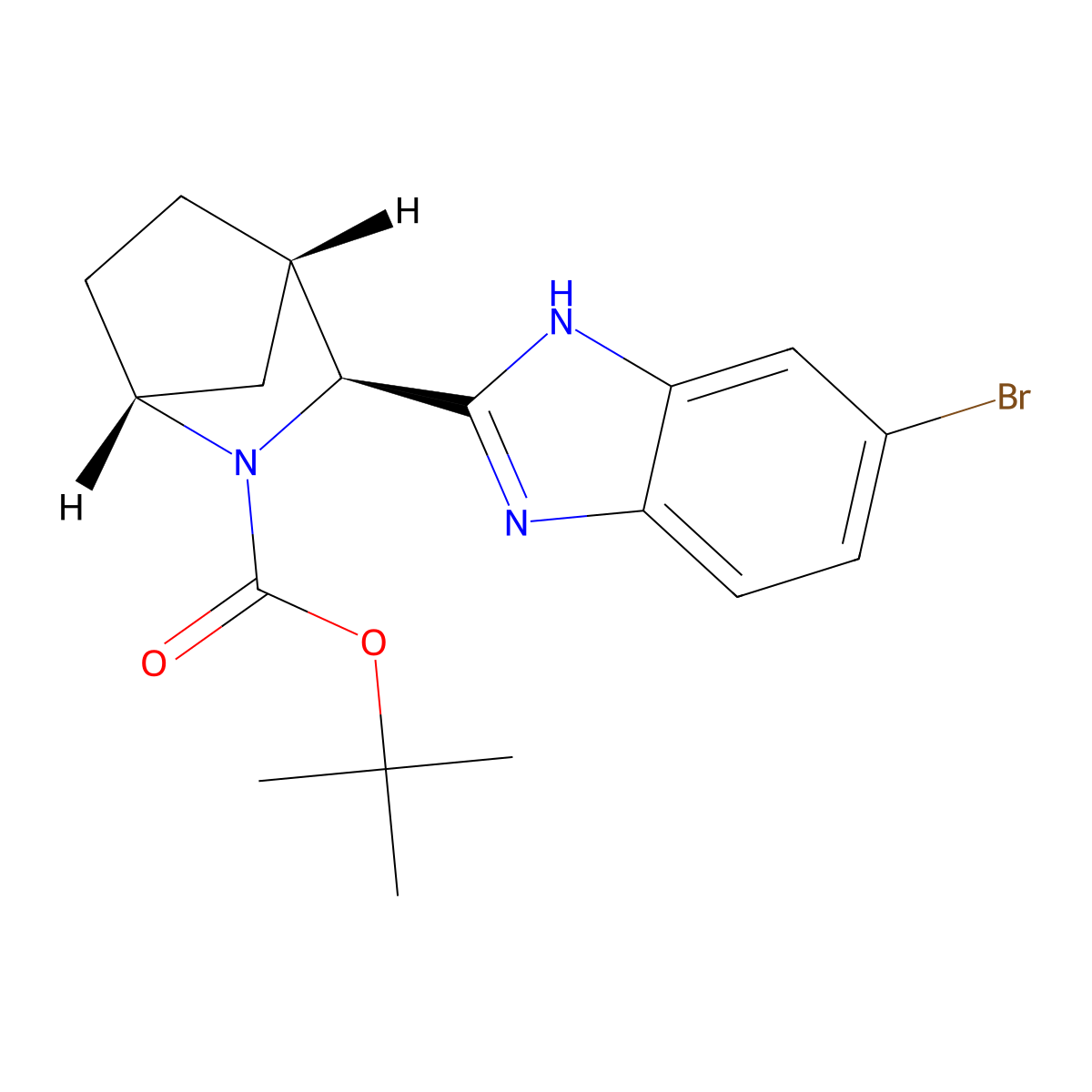 2-Azabicyclo(2.2.1)heptane-2-carboxylic acid, 3-(6-bromo-1H-benzimidazol-2-yl)-, 1,1-dimethylethyl ester, (1R,3S,4S)- molecular structure, CAS 1256387-74-2