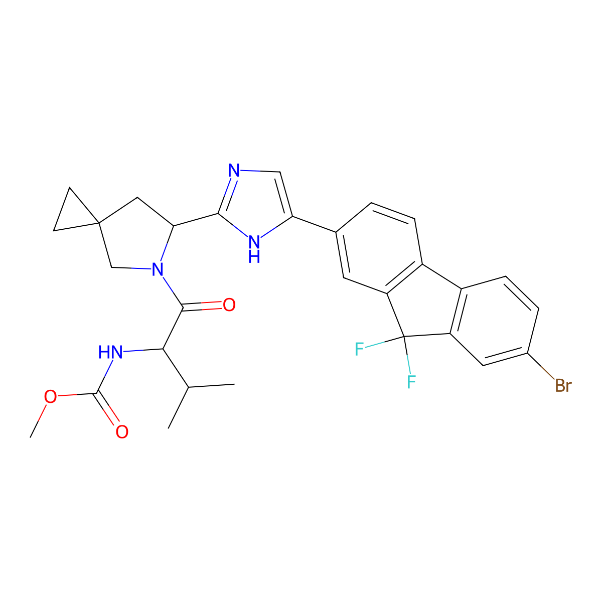 Carbamic acid, N-[(1S)-1-[[(6S)-6-[5-(7-bromo-9,9-difluoro-9H-fluoren-2-yl)-1H-imidazol-2-yl]-5-azaspiro[2.4]hept-5-yl]carbonyl]-2-methylpropyl]-, methyl ester molecular structure, CAS 1256388-50-7