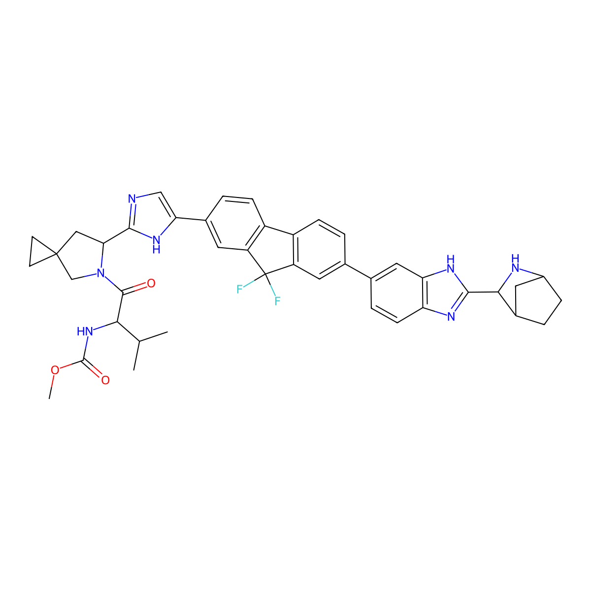 Carbamic acid, N-[(1S)-1-[[(6S)-6-[5-[7-[2-(1R,3S,4S)-2-azabicyclo[2.2.1]hept-3-yl-1H-benzimidazol-6-yl]-9,9-difluoro-9H-fluoren-2-yl]-1H-imidazol-2-yl]-5-azaspiro[2.4]hept-5-yl]carbonyl]-2-methylpropyl]-, methyl ester molecular structure, CAS 1256388-76-7