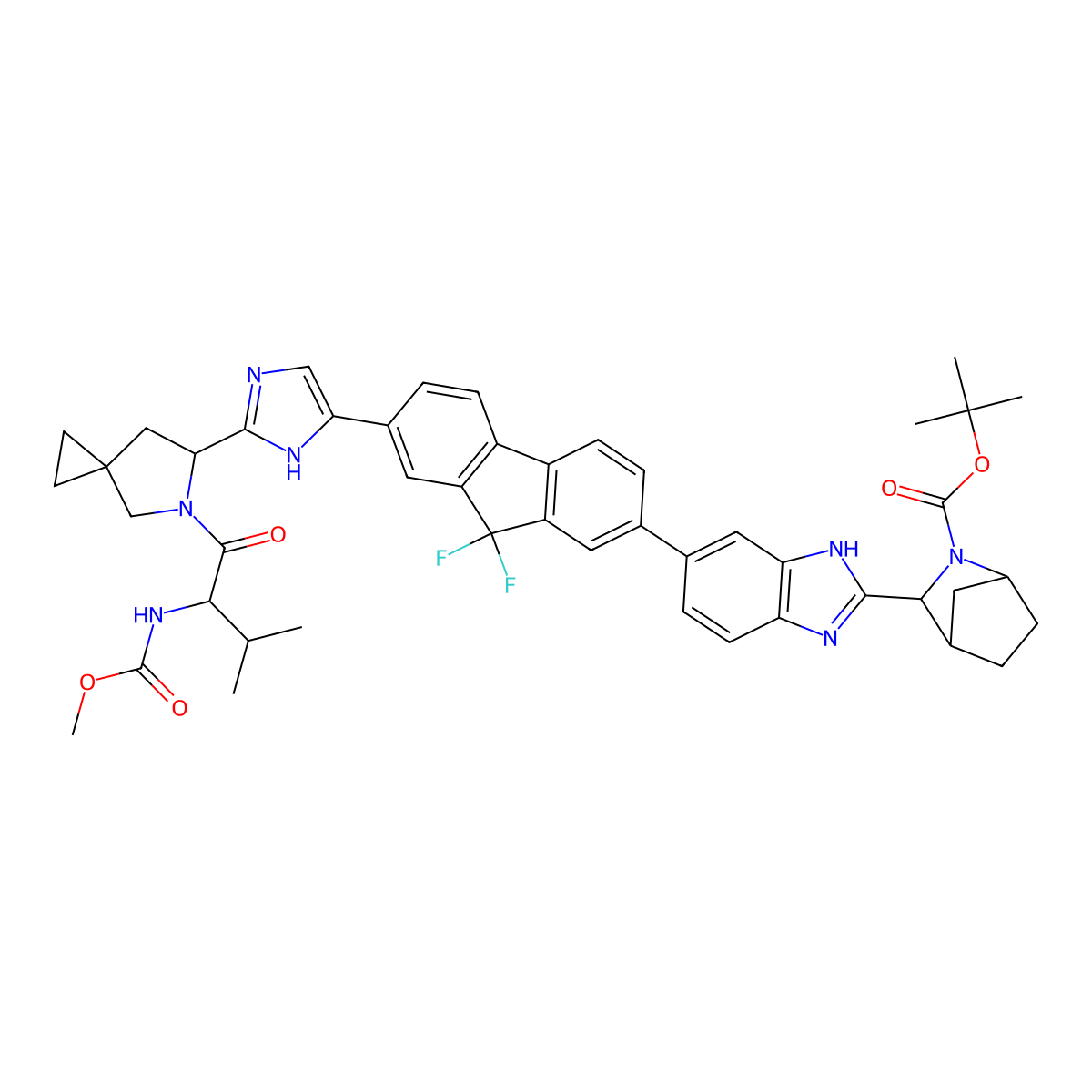 2-Azabicyclo[2.2.1]heptane-2-carboxylic acid, 3-[6-[9,9-difluoro-7-[2-[(6S)-5-[(2S)-2-[(methoxycarbonyl)amino]-3-methyl-1-oxobutyl]-5-azaspiro[2.4]hept-6-yl]-1H-imidazol-5-yl]-9H-fluoren-2-yl]-1H-benzimidazol-2-yl]-, 1,1-dimethylethyl ester, (1R,3S,4S)- molecular structure, CAS 1256393-27-7