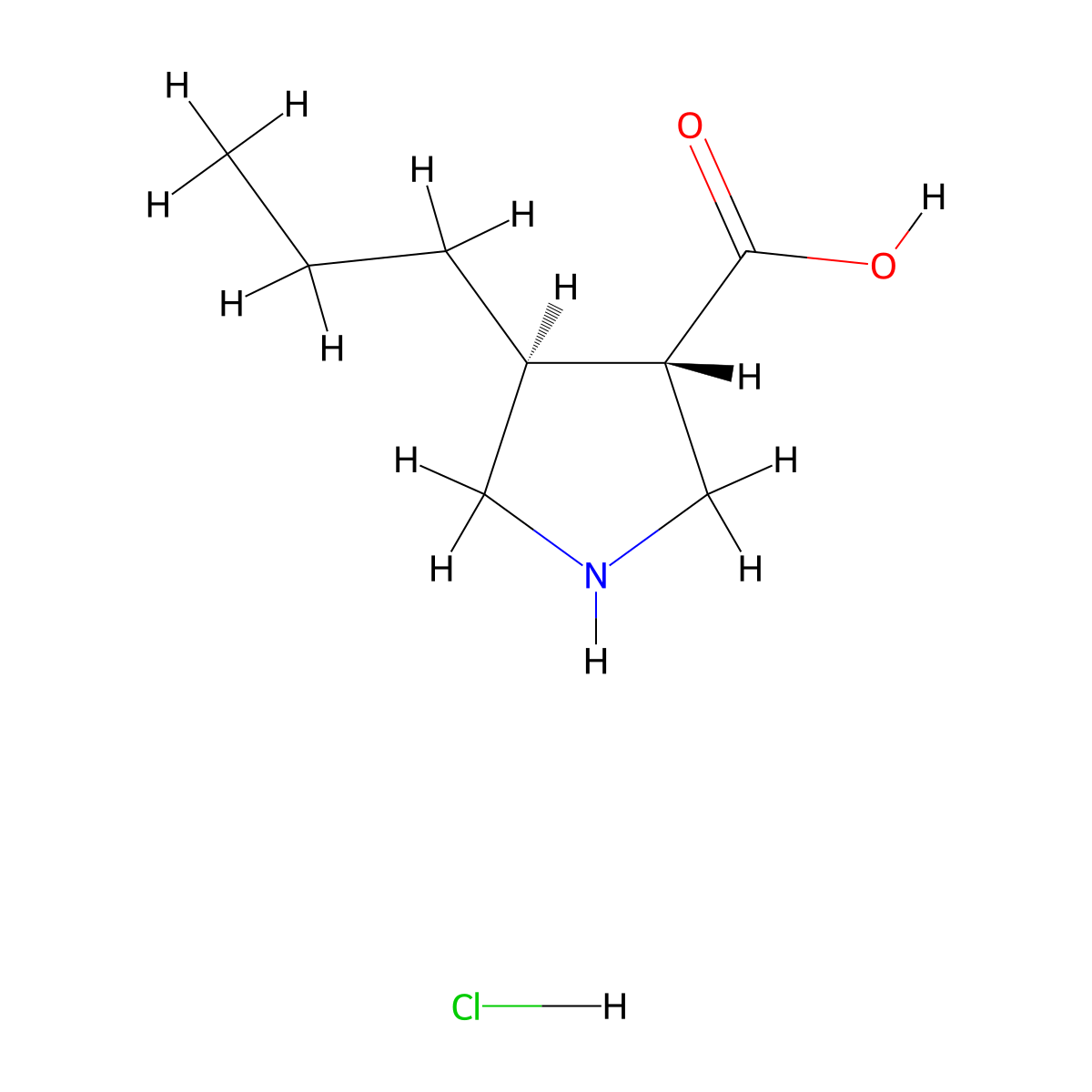 Rac-(3r,4r)-4-propylpyrrolidine-3-carboxylic acid hydrochloride, trans molecular structure, CAS 1256482-69-5