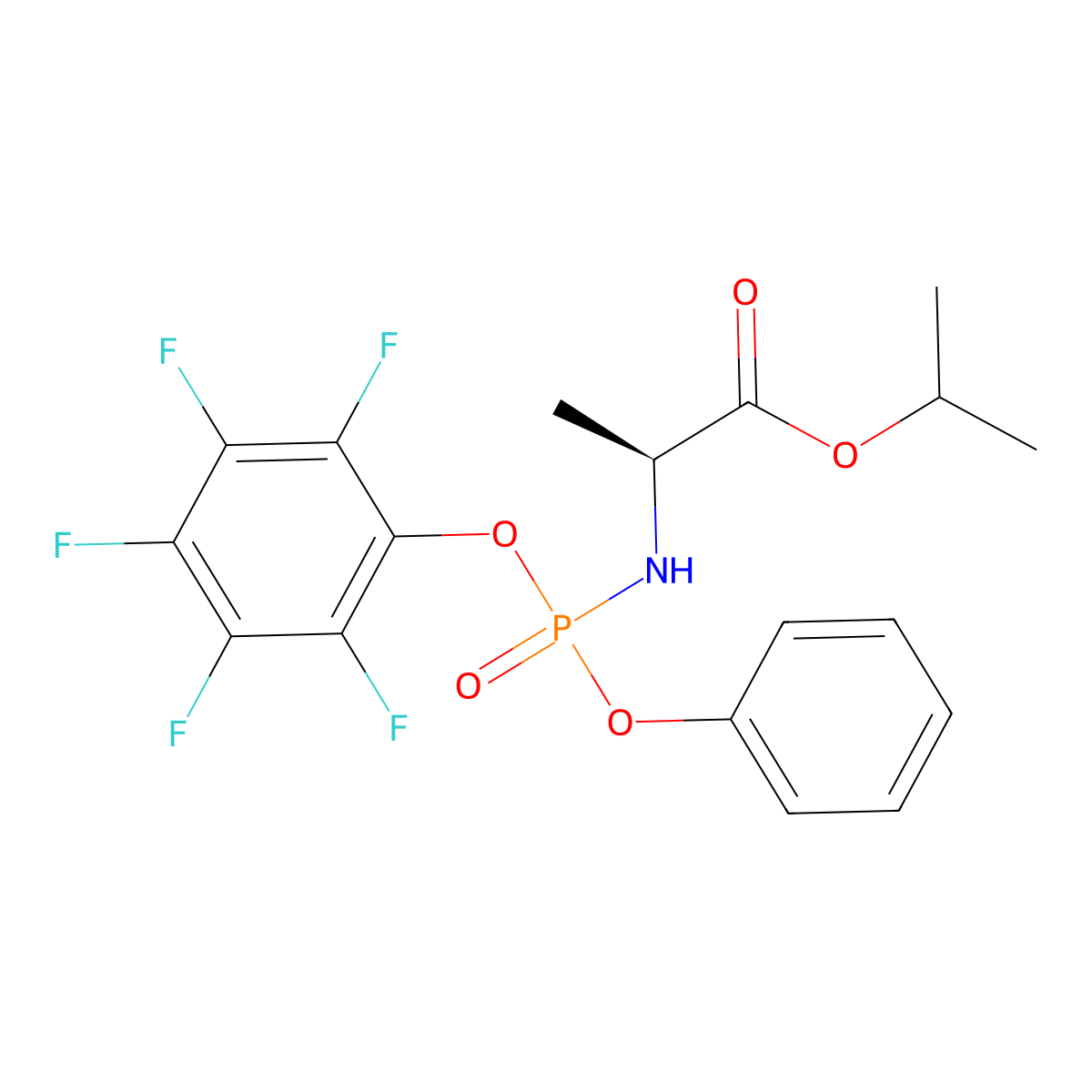 Isopropyl 2-(((perfluorophenoxy)(phenoxy)phosphoryl)amino)propanoate, (2S)- molecular structure, CAS 1256490-52-4
