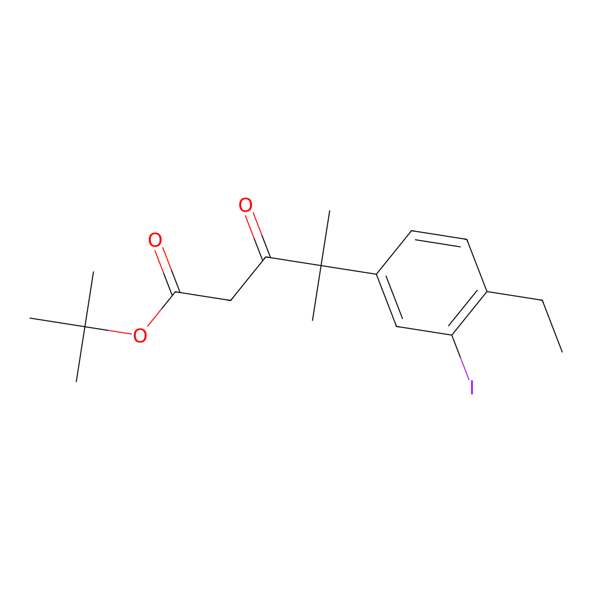 Tert-butyl 4-(4-ethyl-3-iodophenyl)-4-methyl-3-oxopentanoate molecular structure, CAS 1256584-74-3