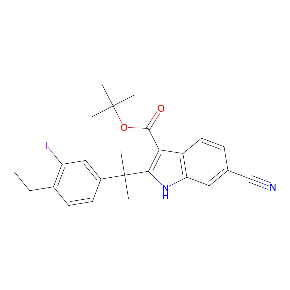 tert-butyl 6-cyano-2-(2-(4-ethyl-3-iodophenyl)propan-2-yl)-1H-indole-3-carboxylate molecular structure, CAS 1256584-75-4