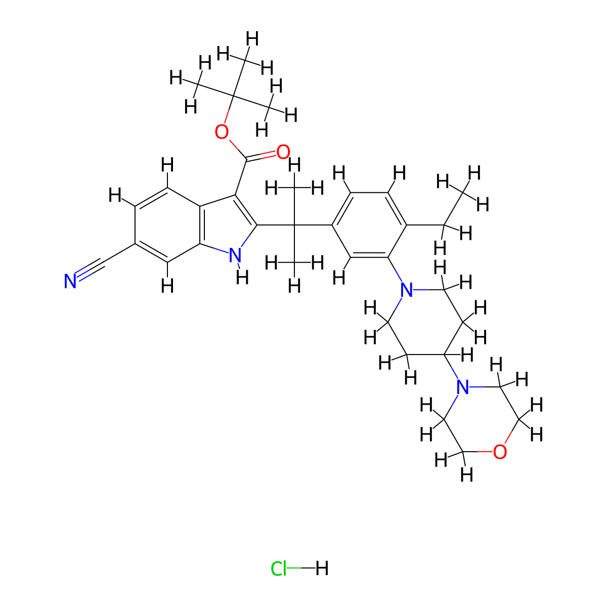 tert-butyl 6-cyano-2-(2-(4-ethyl-3-(4-morpholinopiperidin-1-yl)phenyl)propan-2-yl)-1H-indole-3-carboxylate hydrochloride molecular structure, CAS 1256584-77-6