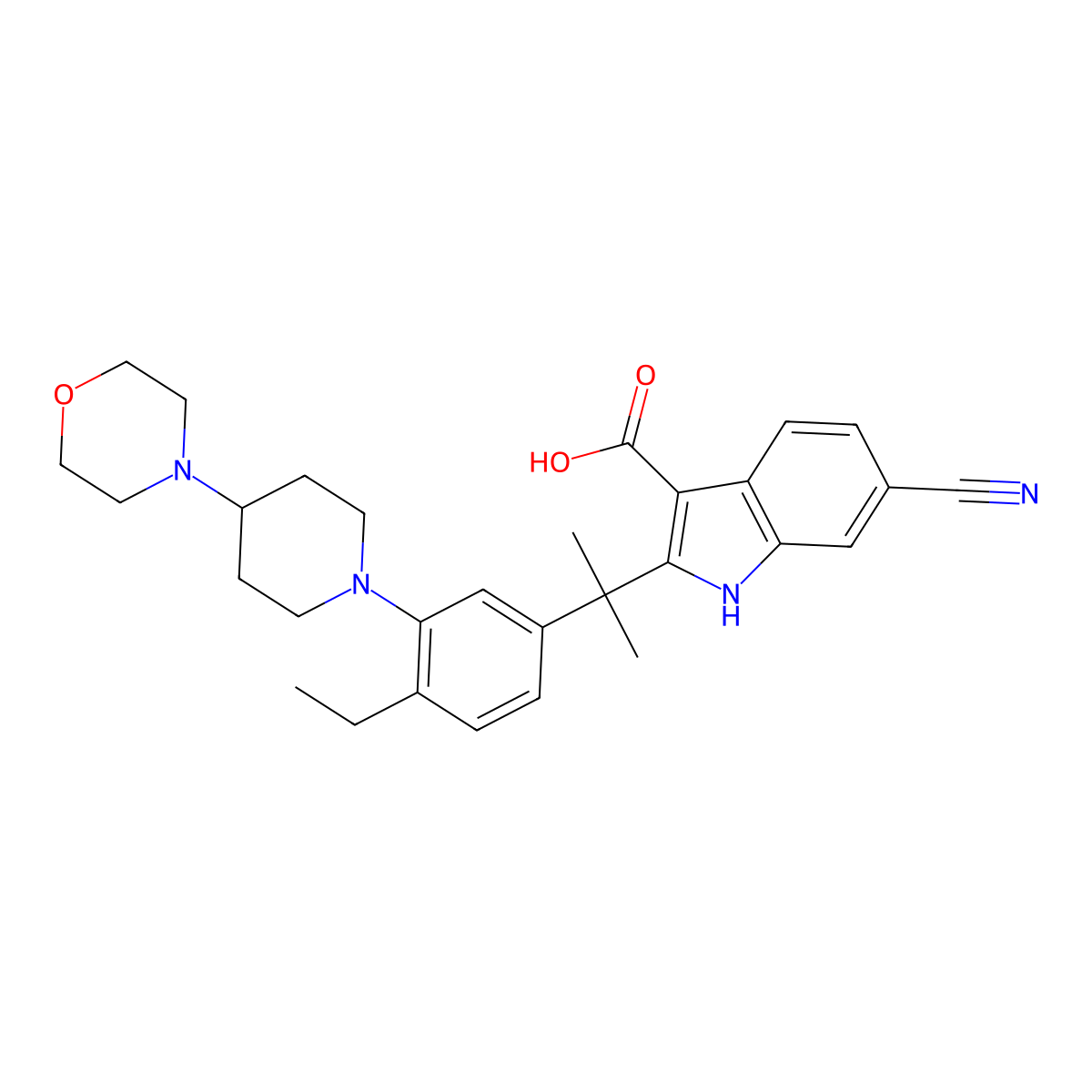 6-cyano-2-(2-(4-ethyl-3-(4-morpholinopiperidin-1-yl)phenyl)propan-2-yl)-1H-indole-3-carboxylic acid molecular structure, CAS 1256584-78-7