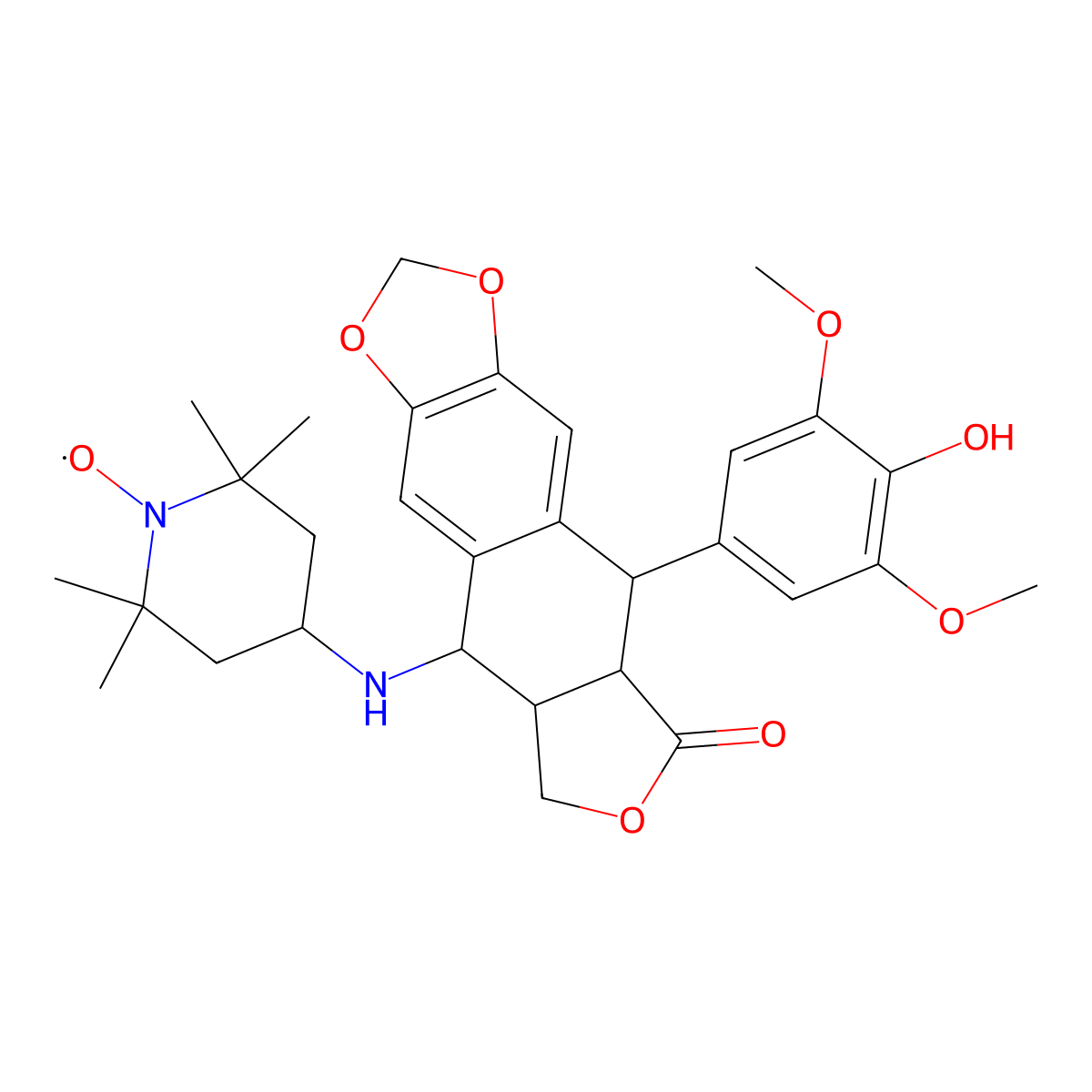 (4-((9-(4-Hydroxy-3,5-dimethoxyphenyl)-8-oxo-5,5a,6,8,8a,9-hexahydro-2H-furo(3',4':6,7)naphtho(2,3-d)(1,3)dioxol-5-yl)amino)-2,2,6,6-tetramethylpiperidin-1-yl)oxidanyl molecular structure, CAS 125670-69-1