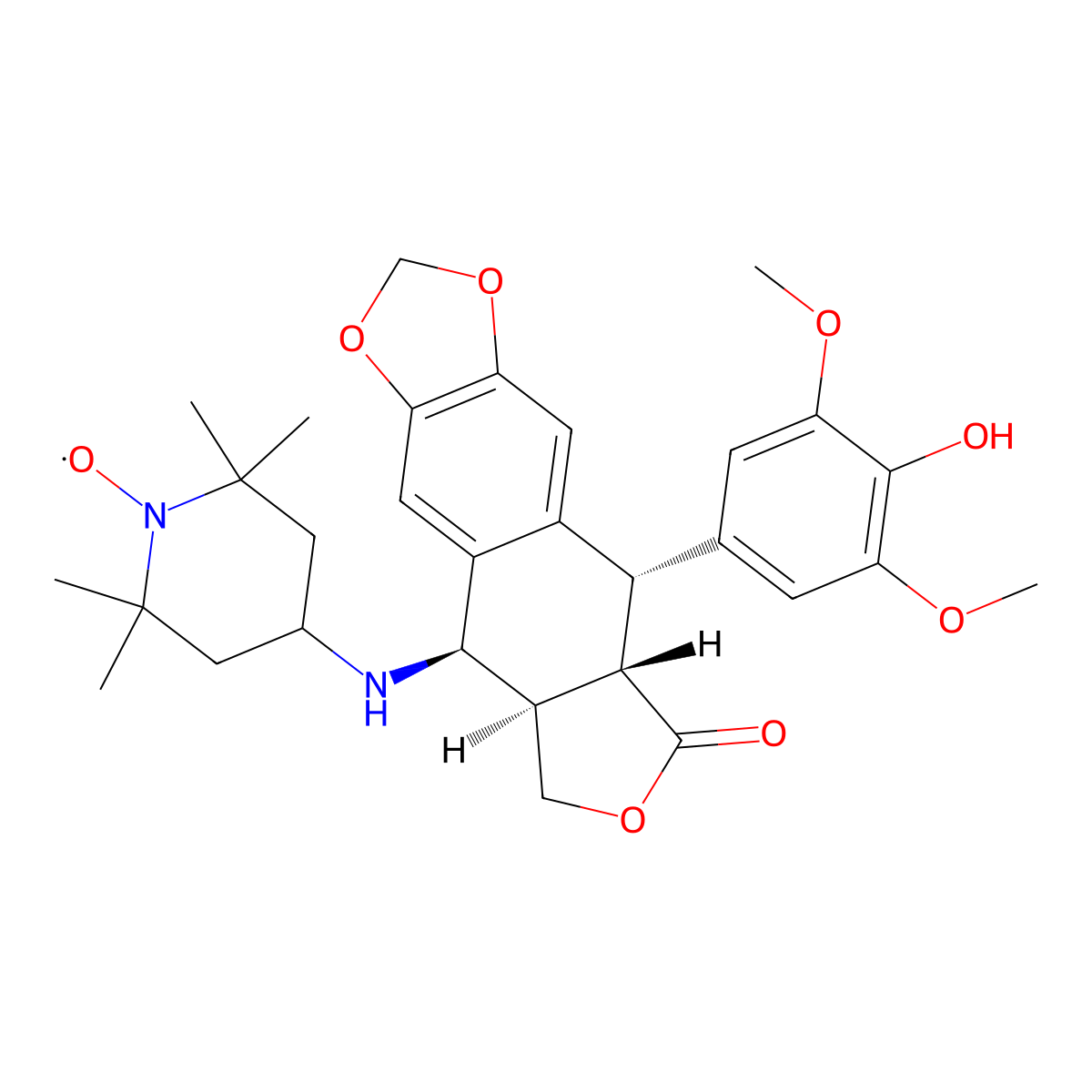 (4-((9-(4-Hydroxy-3,5-dimethoxyphenyl)-8-oxo-5,5a,6,8,8a,9-hexahydro-2H-furo(3',4':6,7)naphtho(2,3-d)(1,3)dioxol-5-yl)amino)-2,2,6,6-tetramethylpiperidin-1-yl)oxidanyl molecular structure, CAS 125670-69-1