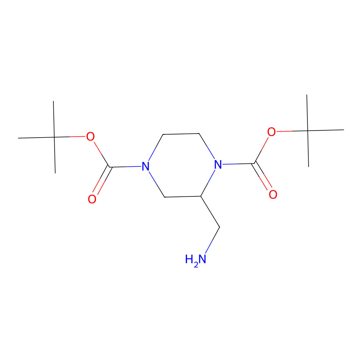 Di-tert-butyl 2-(aminomethyl)piperazine-1,4-dicarboxylate molecular structure, CAS 1256815-07-2