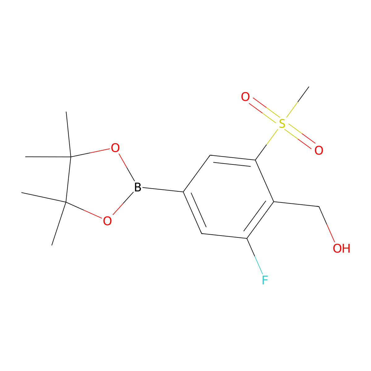 (2-Fluoro-6-(methylsulfonyl)-4-(4,4,5,5-tetramethyl-1,3,2-dioxaborolan-2-yl)phenyl)methanol molecular structure, CAS 1256918-55-4