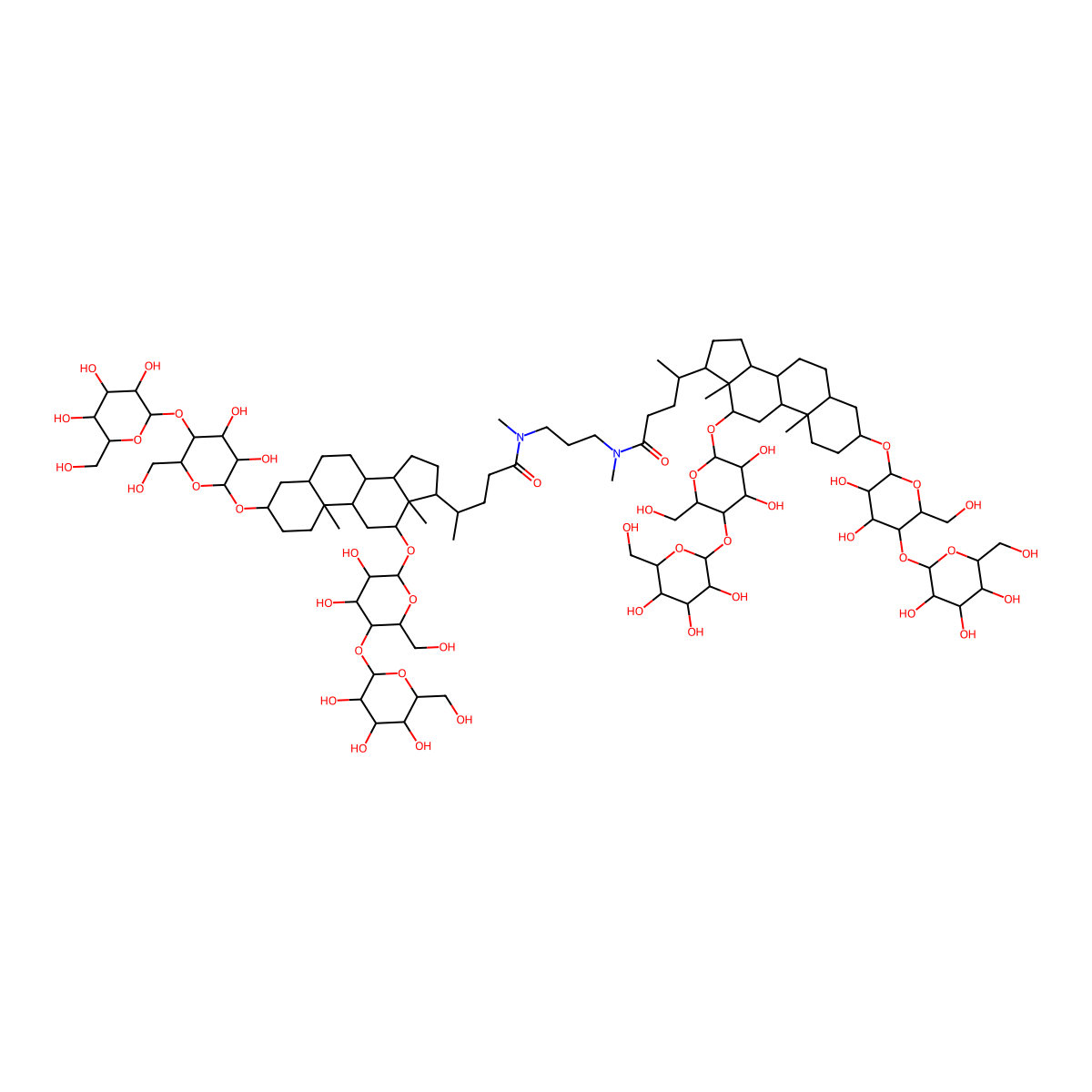 (4R)-4-[(3R,5R,8R,9S,10S,12S,13R,14S,17R)-3,12-bis[[(2R,3R,4R,5S,6R)-3,4-dihydroxy-6-(hydroxymethyl)-5-[(2R,3R,4S,5S,6R)-3,4,5-trihydroxy-6-(hydroxymethyl)oxan-2-yl]oxyoxan-2-yl]oxy]-10,13-dimethyl-2,3,4,5,6,7,8,9,11,12,14,15,16,17-tetradecahydro-1H-cyclopenta[a]phenanthren-17-yl]-N-[3-[[(4R)-4-[(3R,5R,8R,9S,10S,12S,13R,14S,17R)-3,12-bis[[(2R,3R,4R,5S,6R)-3,4-dihydroxy-6-(hydroxymethyl)-5-[(2R,3R,4S,5S,6R)-3,4,5-trihydroxy-6-(hydroxymethyl)oxan-2-yl]oxyoxan-2-yl]oxy]-10,13-dimethyl-2,3,4,5,6,7,8,9,11,12,14,15,16,17-tetradecahydro-1H-cyclopenta[a]phenanthren-17-yl]pentanoyl]-methylamino]propyl]-N-methylpentanamide molecular structure, CAS 1257127-64-2