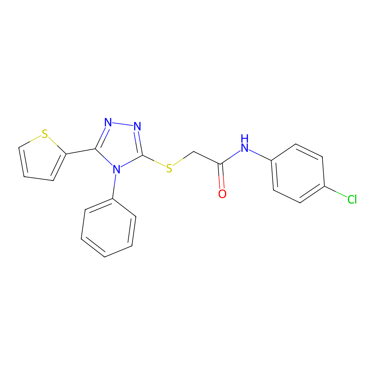 N-(4-chlorophenyl)-2-{[4-phenyl-5-(thiophen-2-yl)-4H-1,2,4-triazol-3-yl]sulfanyl}acetamide molecular structure, CAS 125745-78-0