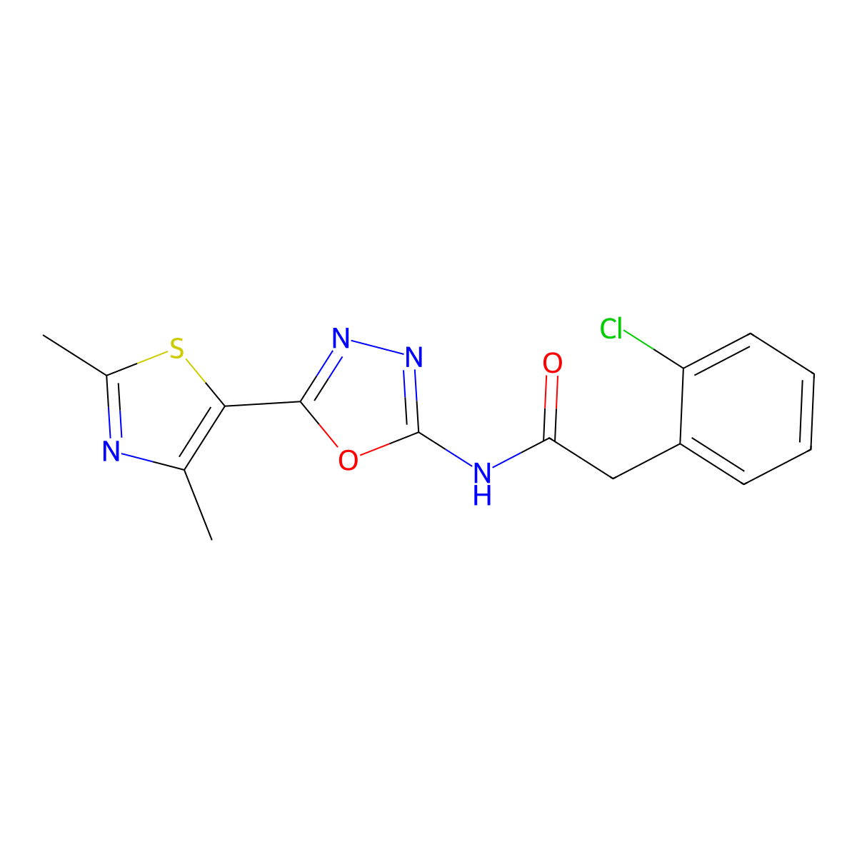 2-(2-chlorophenyl)-N-(5-(2,4-dimethylthiazol-5-yl)-1,3,4-oxadiazol-2-yl)acetamide molecular structure, CAS 1257546-30-7