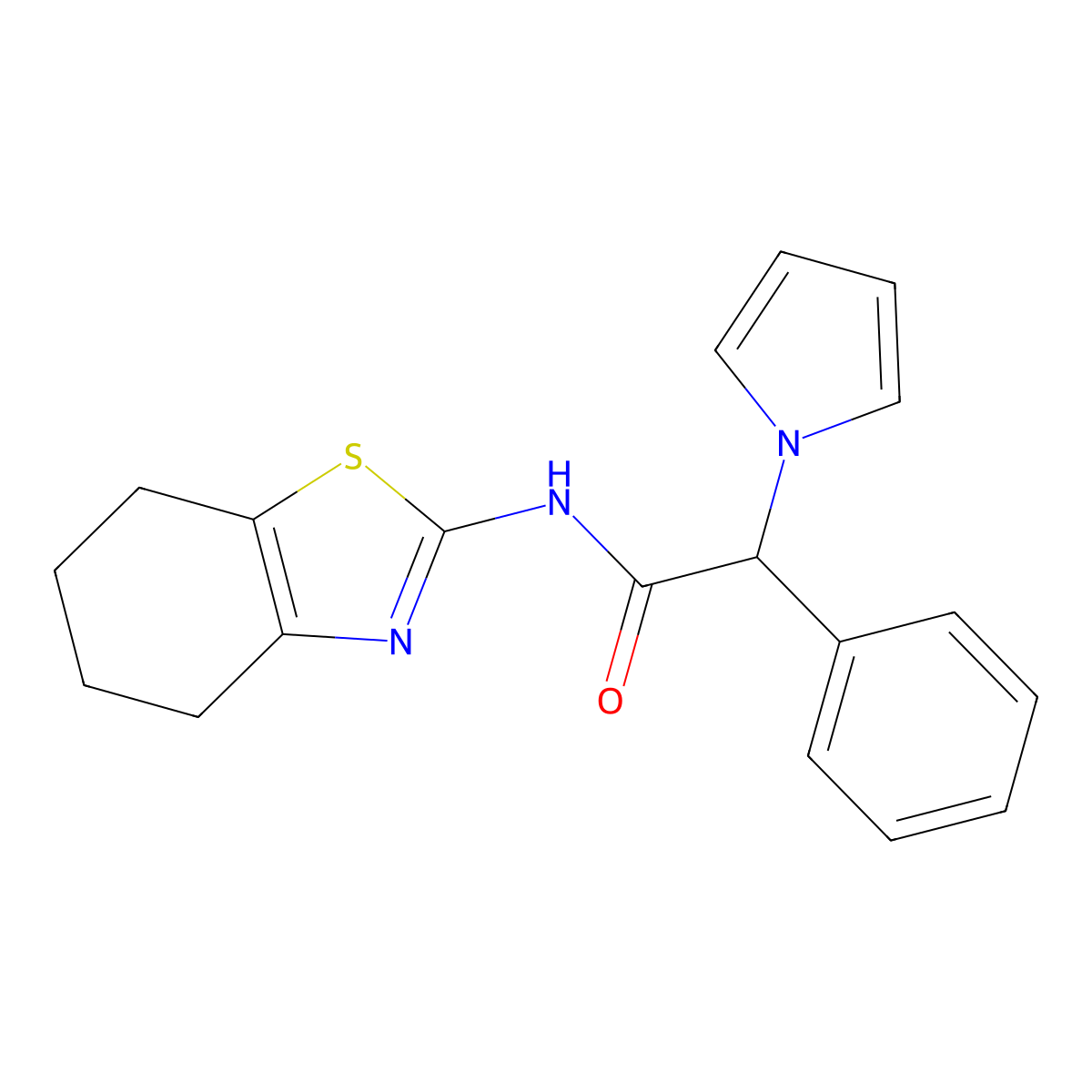 2-phenyl-2-(1H-pyrrol-1-yl)-N-(4,5,6,7-tetrahydrobenzo[d]thiazol-2-yl)acetamide molecular structure, CAS 1257546-57-8