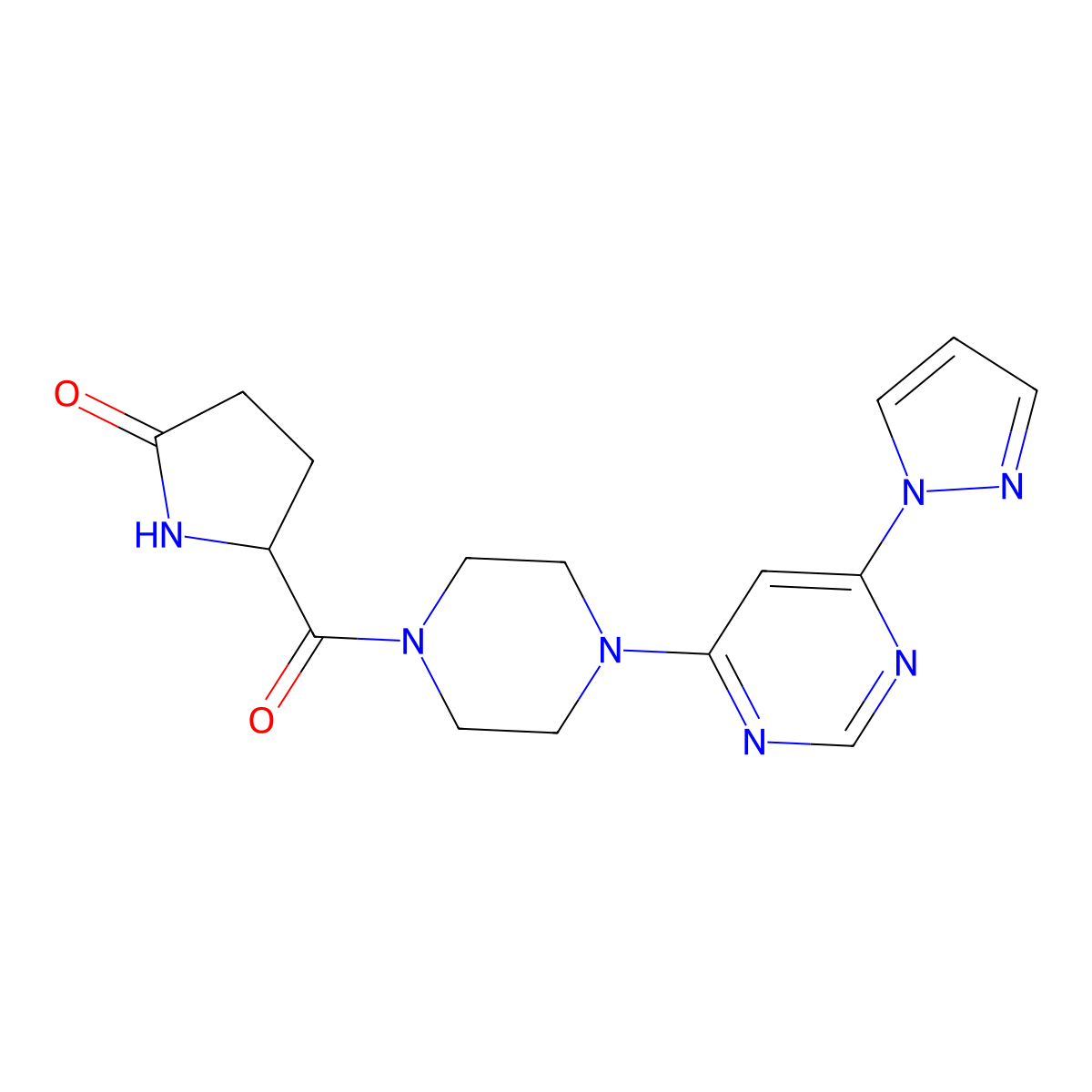 5-{4-[6-(1H-pyrazol-1-yl)pyrimidin-4-yl]piperazine-1-carbonyl}pyrrolidin-2-one molecular structure, CAS 1257546-78-3