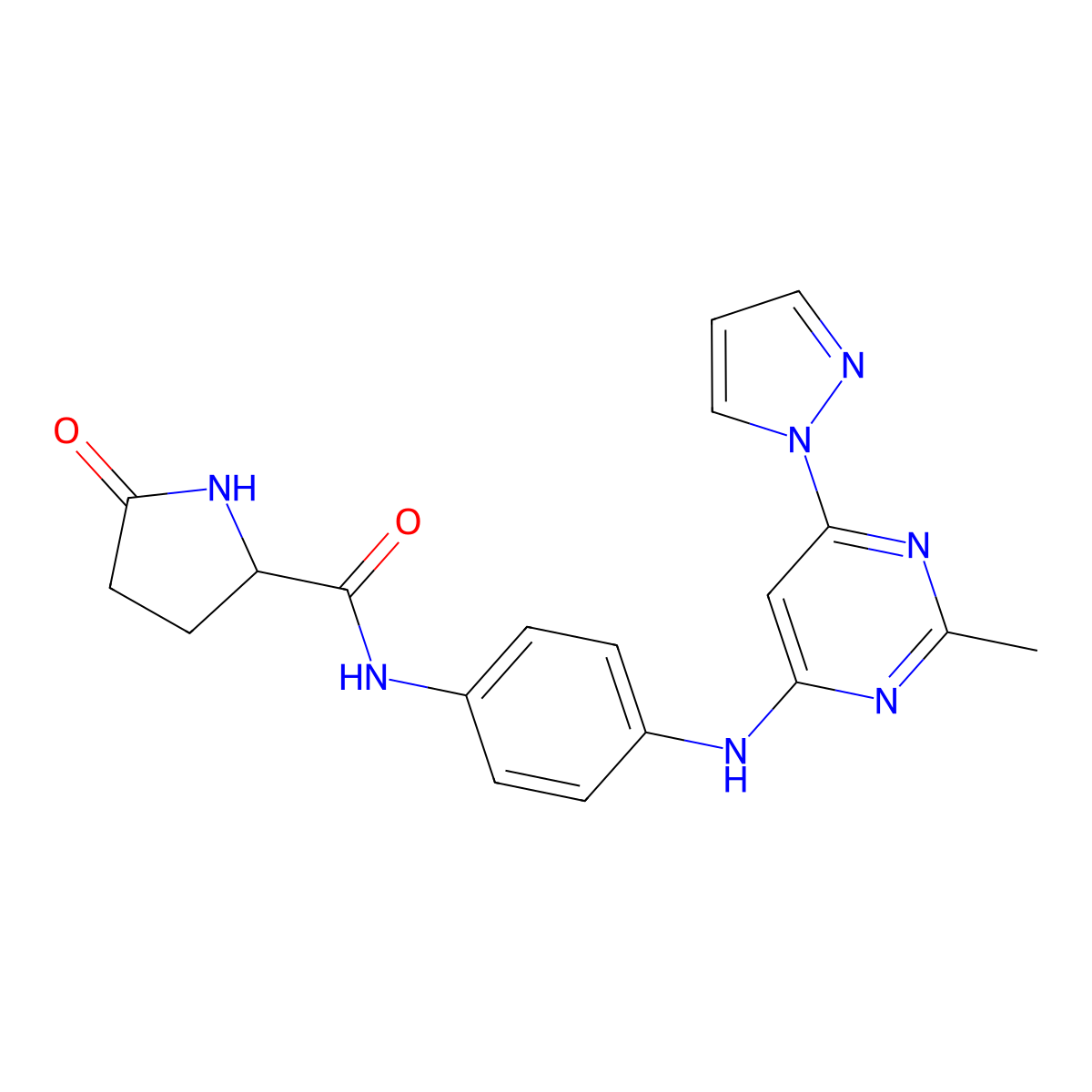 N-(4-{[2-methyl-6-(1H-pyrazol-1-yl)pyrimidin-4-yl]amino}phenyl)-5-oxopyrrolidine-2-carboxamide molecular structure, CAS 1257547-36-6