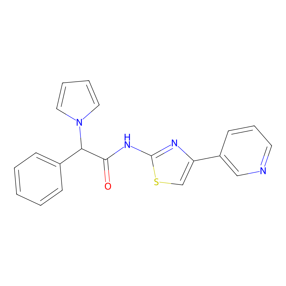 2-phenyl-N-(4-(pyridin-3-yl)thiazol-2-yl)-2-(1H-pyrrol-1-yl)acetamide molecular structure, CAS 1257547-42-4